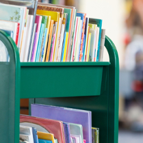 Zdjęcie, zielonej półki wypełnionej książkami.