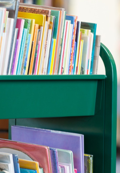 Zdjęcie, zielonej półki wypełnionej książkami.