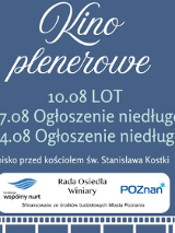 Plakat, który reklamuje kino plenerowe na Winiarach. Na plakacie pudełko z popcornem, taśmia filmowa, gwiazdki i serpentyny oraz napisy informujące o wydarzeniu.