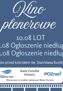Plakat, który reklamuje kino plenerowe na Winiarach. Na plakacie pudełko z popcornem, taśmia filmowa, gwiazdki i serpentyny oraz napisy informujące o wydarzeniu.