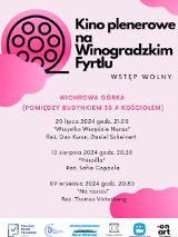 Plakat, na różowym tle czarno - różowe napisy informujące o wyświetlanych filmach.