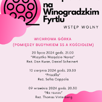 Plakat, na różowym tle czarno - różowe napisy informujące o wyświetlanych filmach.