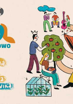 Plakat, któy reklamuje projekt kulturalne Szczepankowo. Rysunkowe postacie przedstawiają osoby, grające na różnych sprzętach muzycznych. Obok napisy, które informują o wydarzeniu.