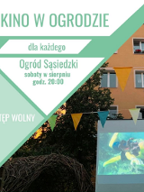Baner, zielono - białe figury geometryczne, w jednym z trójkątów zdjęcie budynku mieszkalnego, na tle którego wystawiono ekarn. Na banerze napisy informujące o wydarzeniu.