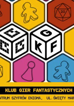 Kolorowa plansza z grafikami związanymi z grami planszowymi: pionki, kostki, karty. Na środku dwie kostki z logiem Centrum Szyfrów Enigma.
