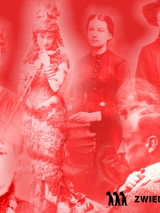 Kilka kobiet otacza mężczyznę, wszyscy są ubrani w histroyczne stroje. Na zdjęcie nałożony jest czerwony filtr.