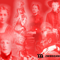 Kilka kobiet otacza mężczyznę, wszyscy są ubrani w histroyczne stroje. Na zdjęcie nałożony jest czerwony filtr.