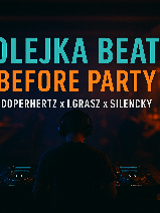 Ciemny obraz wnętrza klubowego, na nim napisy - Kolejka Beats: before party.