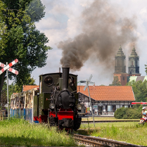 Zdjęcie przedstawia lokomotywę kolejki parkowej Maltanka.