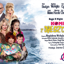 Plakat promujący spektakl. Po lewej zbiorowe zdjęcie aktorów. Po prawej wypisana obsada i napis "komedia z dreszczykiem".