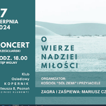 Plakat, napisy informujące o wydarzeniu na tle wydm.