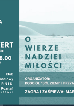 Plakat, napisy informujące o wydarzeniu na tle wydm.