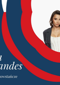 Plakat promujący koncert Carli Fernandes w Miasteczku Powstańczym. W prawym, górnym narożniku zdjęcie artystki. Granatowe tło obok czerwono-białe wstęgi.