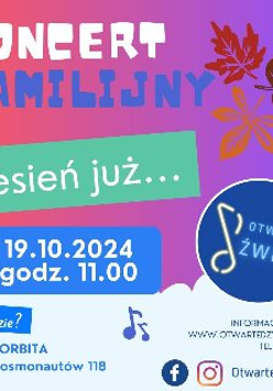 Plakat, tło przechodziące od czerwieni do fioletu, napisy niebieskie i zielone, informujące o wydarzeniu, w prawym rogu jesienne liście.