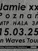 Czarne napisy, które informują o koncercie, na tle "falującego", czarno-białego tła.