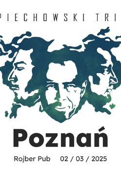 Trzy podobizmy mężczyzn. Jedna centralnie od frontu, dwie po bokach profilami. Grafika przypomina chmurę dymu.
