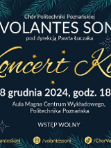 Plakat reklamujący Koncert Kolęd Volantes Soni, rysunek gałązek świerkowych, z których zwisają czerwono-białe bombki, z boku napisy informujące o wydarzeniu.
