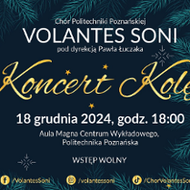 Plakat reklamujący Koncert Kolęd Volantes Soni, rysunek gałązek świerkowych, z których zwisają czerwono-białe bombki, z boku napisy informujące o wydarzeniu.