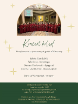 Informacje o koncercie kolęd u poznańskich franciszkanów, w centrum zdjęcie chóru w bordowych togach w kościele.