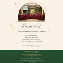 Informacje o koncercie kolęd u poznańskich franciszkanów, w centrum zdjęcie chóru w bordowych togach w kościele.