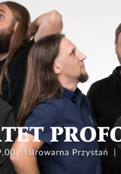 Plakat, który reklamuje koncert kwartetu "Proforma", zdjęcie pięciu mężczyzn na białym tle, na dole napisy informujące o wydarzniu.