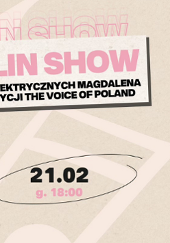 Plakat reklamujący koncert Magia skrzypiec, na zdjęciu artystka w białej sukni, trzymająca skrzypce, obok napisy informujące o wydarzeniu.