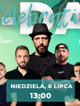 Grupa osób na tle palm, w górnej części zdjęcia napis B-Day Celebration. W dolnej części zdjęcia napis niedziela, 6 lipca, godz. 13:00.