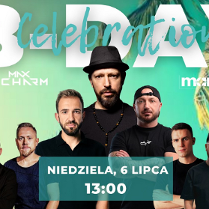 Grupa osób na tle palm, w górnej części zdjęcia napis B-Day Celebration. W dolnej części zdjęcia napis niedziela, 6 lipca, godz. 13:00.