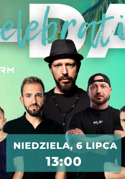 Grupa osób na tle palm, w górnej części zdjęcia napis B-Day Celebration. W dolnej części zdjęcia napis niedziela, 6 lipca, godz. 13:00.