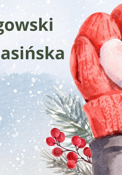 Plakat promujący koncert Michała Łangowskiego i Agaty Gasińskiej, z boku rysunek pomarańczowych rękawiczek jednopalczastych, które trzymają serce zrobione ze śniegu. Dookoła świąteczne gałązki.