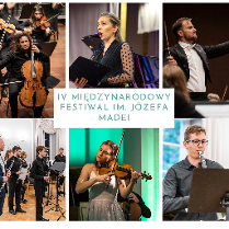 Obrazek promuje koncert "Mistrzowie światowej kameralistyki". Znajduje się na nim 6 zdjęć, wykonanych podczas różnych koncertów muzyki klasycznej i przedstawiające wykonawców takowej muzyki.