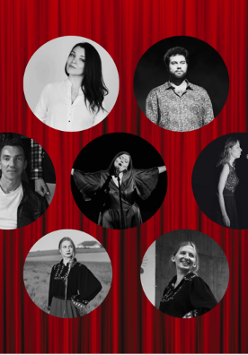 Na czerwonej kurtynie, jakby zawieszono okrągłe, czarno-białe zdjęcia artystów.