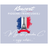 Plakat koncertu - rysunek Wieży Eiffla na tle narodowych barw Francji. Tło plakatu w kolorze jasnofioletowym, białe napisy - tytuł koncertu.