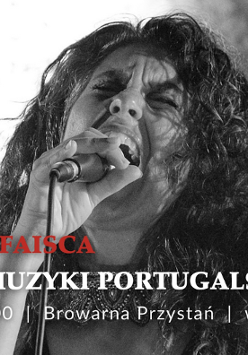 Plakat, który poleca koncert muzyki Fado. Na zdjęciu rozśpiewana artystka, dookoła napisy informujące o wydarzeniu.