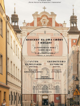Zdjęcie przedstawia Bazylikę kolegiacką w świetle dnia. Na plakacie nazwa wydarzenia, miejsce i nazwa chóru są napisane piękną czcionką szeryfową.