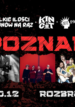 "Plakat koncertowy na czarnym tle z czerwonymi akcentami. Duży napis "POZNAŃ'. Poniżej zdjęcia trzech zespołów grających energiczną muzykę. U góry logotypy: Wielkie Ilości Piorunów Na Raz, Kincat i Nie Pamiętam. Na dole data: 20.12 oraz miejsce: Rozbrat.