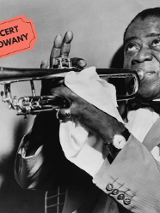 Louis Armstrong z trąbką na czarno-białym zdjęciu, informacje o koncercie w jego hołdzie.