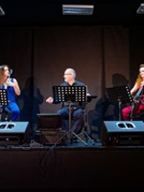 Zdjęcie dwóch kobiet i jednego mężczyzny grających na instrumentach na scenie.