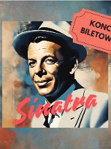 Grafika imitująca obraz, który przedstawia podobiznę Franka Sinatry. Mężczyzna z krótkimi czarnymi włosami, ubrany w szary garnitur z czarnym krawatem i szarym kapeluszem.