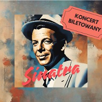 Grafika imitująca obraz, który przedstawia podobiznę Franka Sinatry. Mężczyzna z krótkimi czarnymi włosami, ubrany w szary garnitur z czarnym krawatem i szarym kapeluszem.