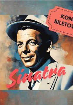 Grafika imitująca obraz, który przedstawia podobiznę Franka Sinatry. Mężczyzna z krótkimi czarnymi włosami, ubrany w szary garnitur z czarnym krawatem i szarym kapeluszem.