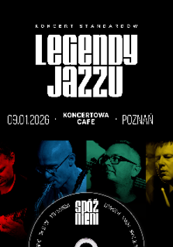 Plakat koncertu jazzowego, na czarnym tle kolorowe zdjęcia uczestników koncertu.