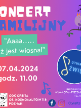 plakat w kolorach fioletu i rózu z napisami, tytuł wyróżniony na zielono wprawym górnym rogu ptaszek na gałązce