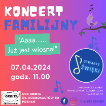 plakat w kolorach fioletu i rózu z napisami, tytuł wyróżniony na zielono wprawym górnym rogu ptaszek na gałązce