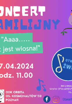 plakat w kolorach fioletu i rózu z napisami, tytuł wyróżniony na zielono wprawym górnym rogu ptaszek na gałązce