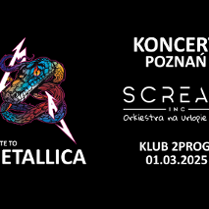 Informacje o koncercie Scream Inc w Poznaniu, logo zespołu, na czarnym tle.
