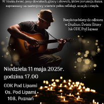 Plakat, który reklamuje koncert Struny i Słowa w Blasku Świec. Na ciemnym tle skupiony artysta, który gra na gitarze, dookoła napisy, które informują o wydarzeniu.