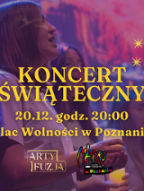 Kilka śpiewających kobiet, przed nimi informacje o koncercie świątecznym.