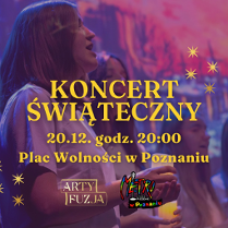 Kilka śpiewających kobiet, przed nimi informacje o koncercie świątecznym.