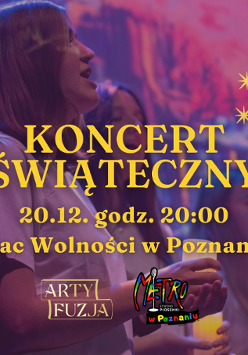 Kilka śpiewających kobiet, przed nimi informacje o koncercie świątecznym.